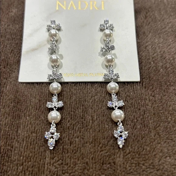 Nadri Pearl/ Cubic Zirconia Drop Earrings - Picture 2 of 3